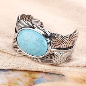 🌿 Vintage Boho Feather Cuff Bangle with Turquoise Inlay - Rustic Elegance 🌟